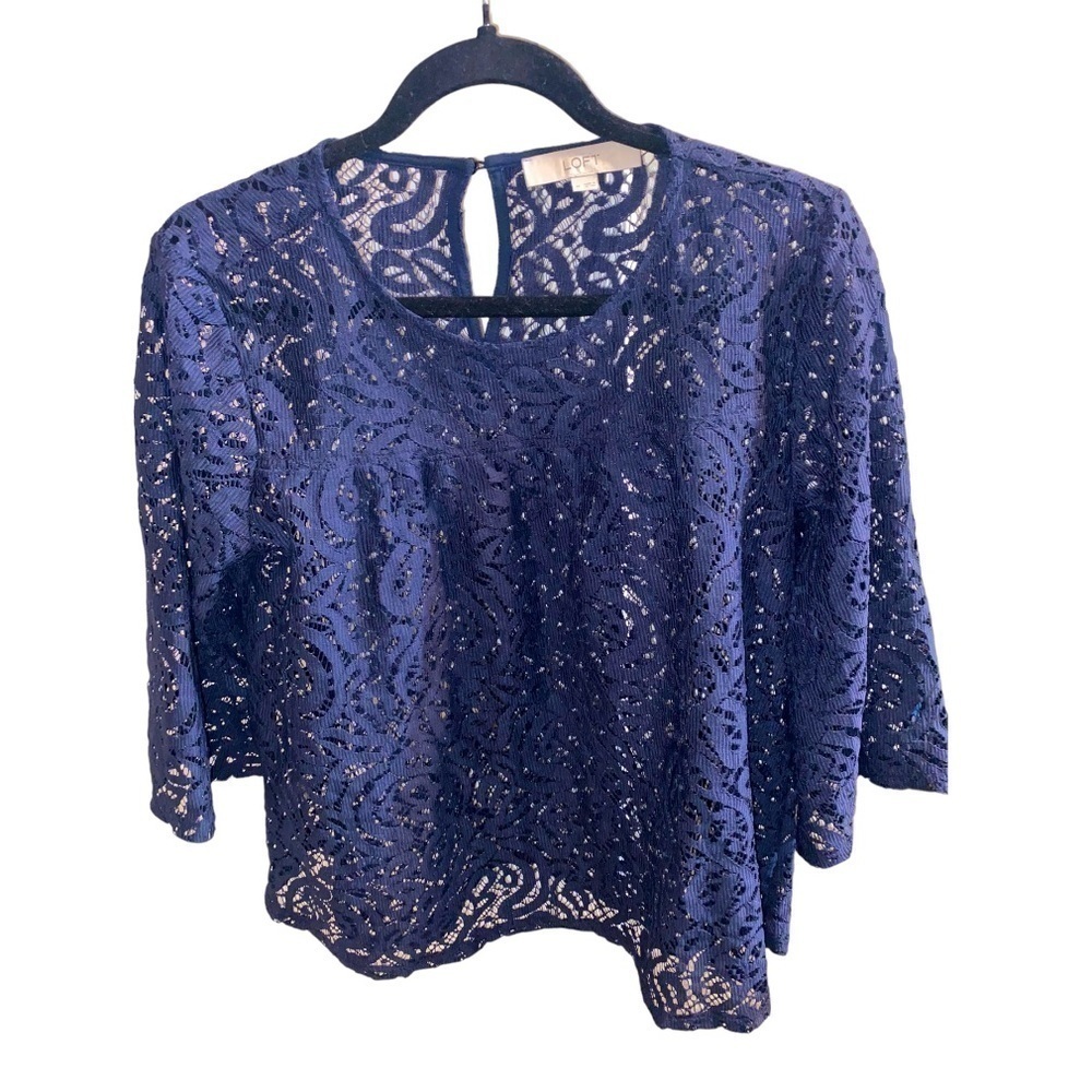 𝅺LOFT Lace Crochet Embroidered 3/4 Sleeve Dark Navy Blue Flowy Blouse Top M